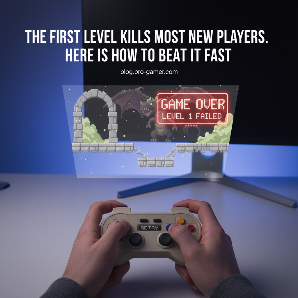 Professional blog header image for article titled: The First Level Kills Most New Players. Here Is How to Beat It Fast. High quality, relevant imagery, clean composition.