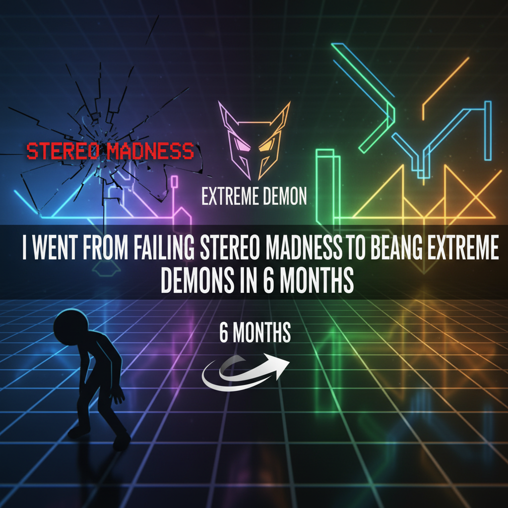 Professional blog header image for article titled: I Went From Failing Stereo Madness to Beating Extreme Demons in 6 Months. High quality, relevant imagery, clean composition.