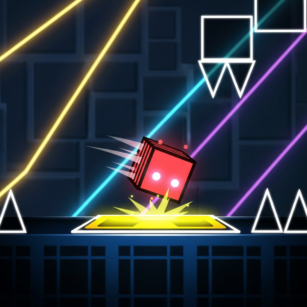 Geometry Dash cube hitting a yellow jump pad