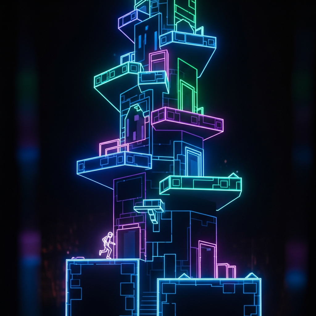 Geometry Dash platformer mode tower level with vertical platforms and hidden exploration paths