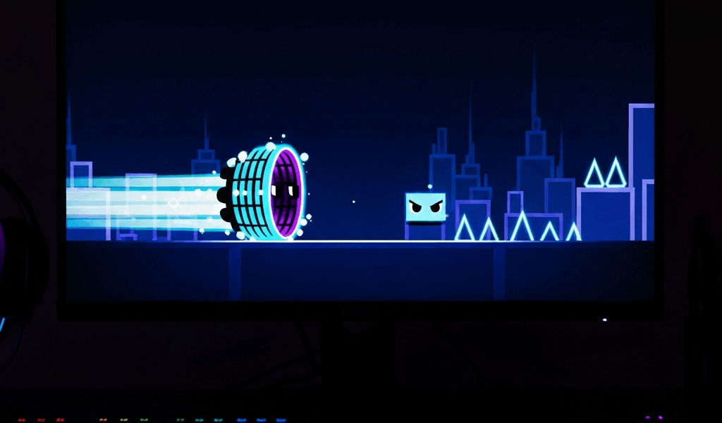 gaming monitor displaying neon geometry dash wave segment wi 20260428 070115