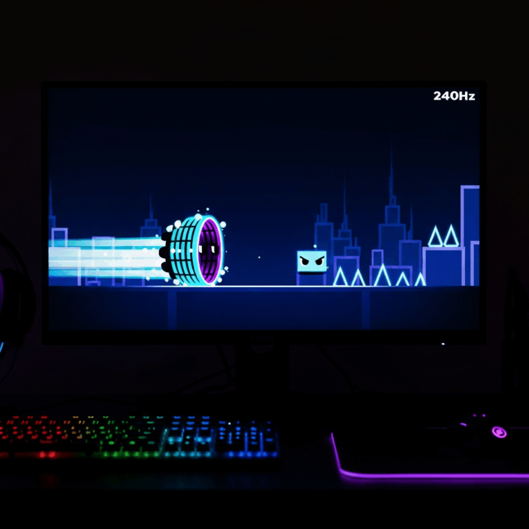 gaming monitor displaying neon geometry dash wave segment wi 20260428 070115