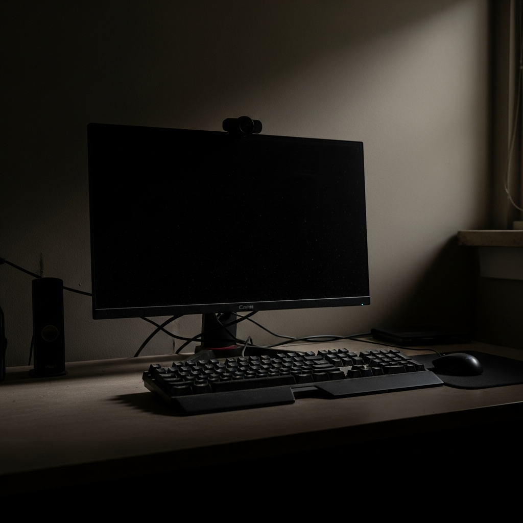 Empty gaming desk with dust on the keyboard, suggesting a player who has stopped playing Geometry Dash